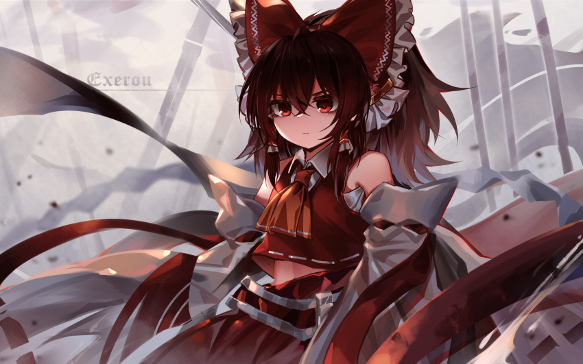 1girl absurdres ascot bare_shoulders bow breasts brown_hair closed_mouth collared_shirt cowboy_shot detached_sleeves flat_chest frilled_bow frilled_hair_tubes frills hair_between_eyes hair_bow hair_tubes hakurei_reimu highres light_frown long_sleeves looking_ahead medium_hair midriff navel red_bow red_eyes red_ribbon red_skirt red_vest ribbon ribbon-trimmed_sleeves ribbon_trim sarashi shirt sidelocks skirt skirt_set solo top-exerou touhou vest white_background wide_sleeves yellow_ascot