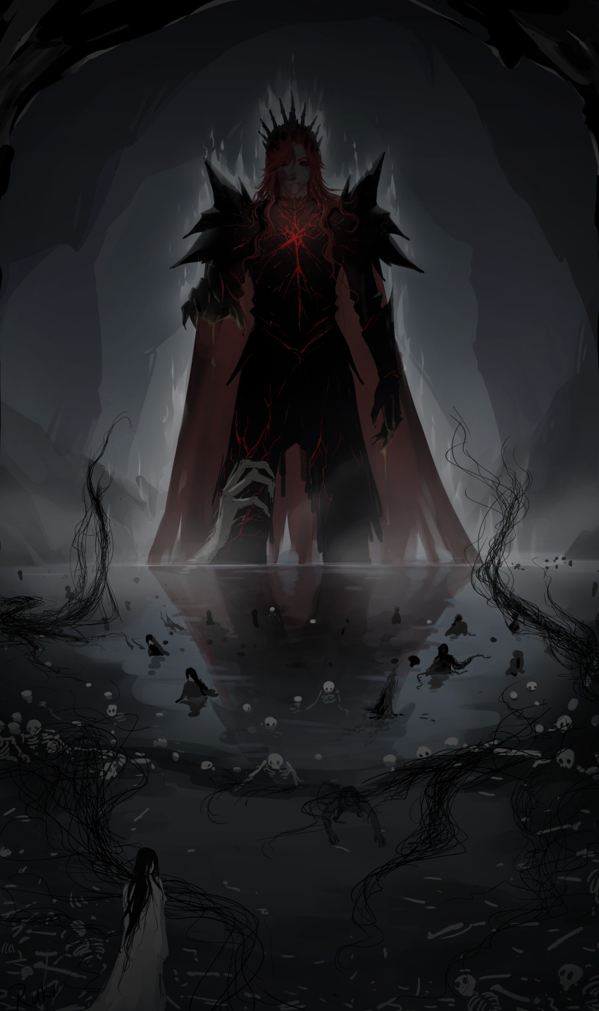 1boy 4others absurdres armor aura black_armor blood_emperor cape chinese_commentary circle_of_inevitability commentary_request corruption cracked_skin crown dark dark_aura fountain giant giant_male highres long_hair lord_of_the_mysteries multiple_others puddle redhead reflection reflective_water ruki0728 severed_limb skeleton solo