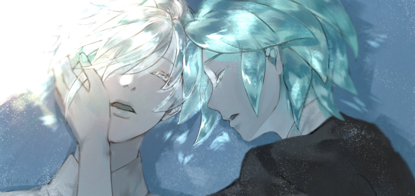 2others androgynous antarcticite aqua_hair blue_background crystal_hair facing_another facing_viewer gem_uniform_(houseki_no_kuni) hair_over_one_eye hand_on_another's_cheek hand_on_another's_face hand_up highres houseki_no_kuni lying multiple_others on_back on_side one_eye_covered other_focus parted_lips phosphophyllite portrait profile short_hair sleeping sparkle sunlight white_hair yorha_2b2e