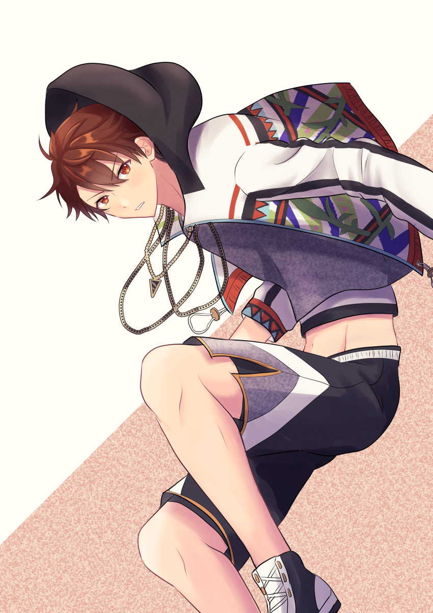 1boy absurdres black_hood brown_eyes brown_hair commentary_request ensemble_stars! feet_out_of_frame highres hood hooded_jacket jacket jewelry long_sleeves looking_at_viewer male_focus midriff morisawa_chiaki multicolored_clothes multicolored_jacket necklace official_alternate_costume open_clothes open_jacket short_hair shorts solo two-tone_background yuki_suzume