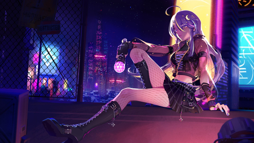 1girl 3four ahoge arm_on_knee black_footwear black_skirt black_tube_top boots building chain chain-link_fence city cityscape crescent crescent_hair_ornament cross-laced_clothes cyberpunk fence fingerless_gloves fishnet_pantyhose fishnets gloves hair_ornament highleg highleg_panties highres holding holding_microphone hololive hololive_indonesia jacket knee_up long_hair looking_at_viewer microphone moona_hoshinova moona_hoshinova_(4th_costume) multicolored_nails nail_polish night panties pantyhose purple_hair purple_jacket see-through see-through_jacket sitting skirt skyscraper solo star_(symbol) star_hair_ornament strapless tube_top underwear violet_eyes virtual_youtuber