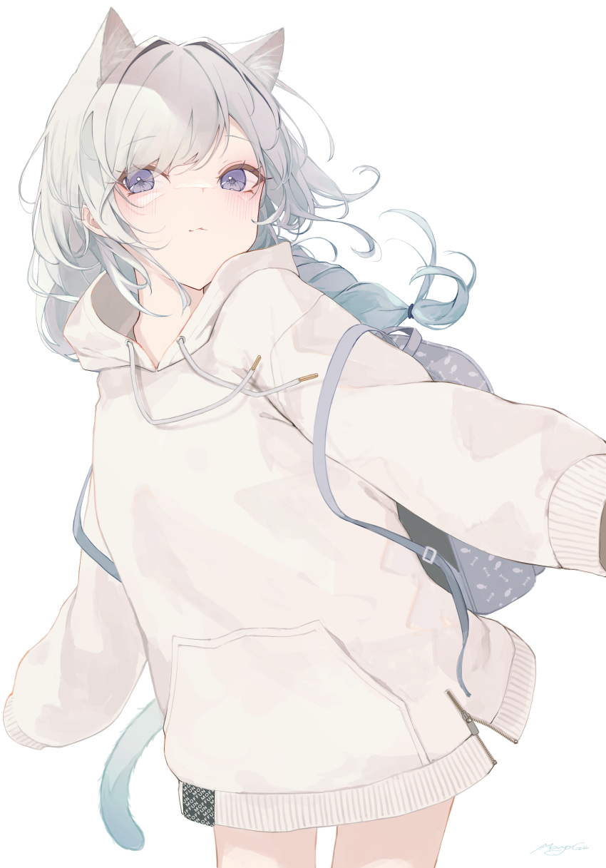 1girl absurdres animal_ear_fluff animal_ears backpack bag blush braid cat_ears cat_girl cat_tail closed_mouth commentary_request cowboy_shot grey_eyes grey_hair hair_intakes highres hood hood_down hoodie long_hair long_sleeves looking_at_viewer mayogii original puffy_long_sleeves puffy_sleeves simple_background single_braid sleeves_past_fingers sleeves_past_wrists solo standing tail white_background white_hoodie