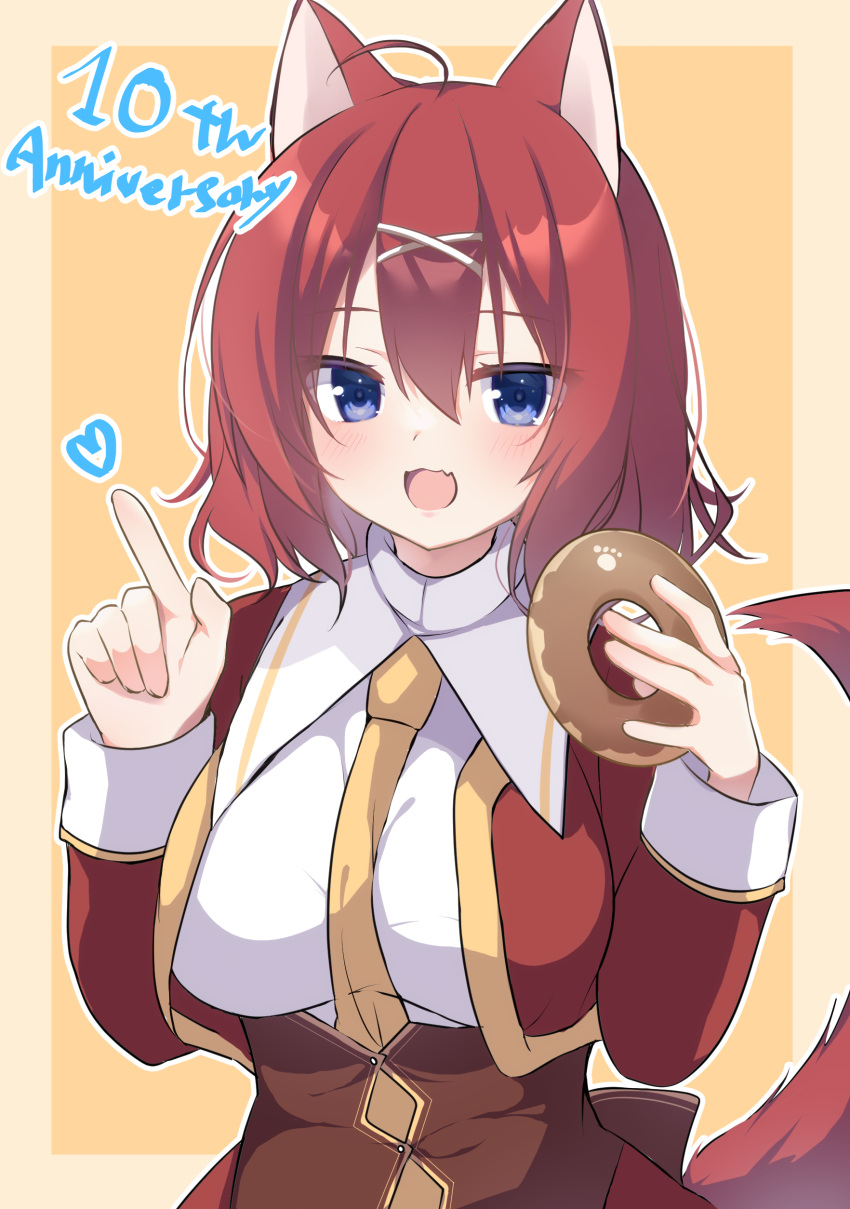 1girl :d absurdres ahoge amairo_islenauts animal_ears anniversary between_breasts biiru blue_eyes blush breasts brown_corset commentary_request corset cropped_jacket doughnut english_text eyelashes eyes_visible_through_hair fang food hair_between_eyes hair_ornament hands_up happy heart highres holding holding_food index_finger_raised jacket large_breasts long_sleeves looking_at_viewer masaki_gaillard medium_hair necktie necktie_between_breasts open_mouth paw_print red_jacket red_tail redhead school_uniform simple_background skin_fang smile solo tail upper_body wing_collar wolf_ears wolf_girl wolf_tail x_hair_ornament yellow_background yellow_necktie