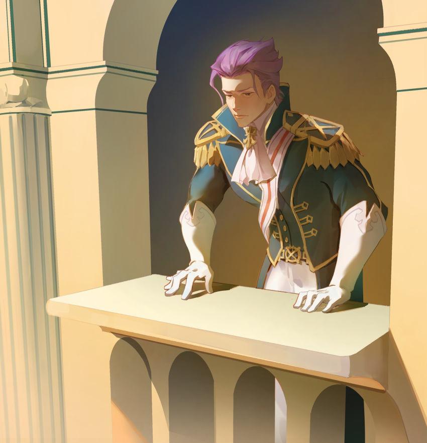1boy ace_attorney architecture ascot barok_van_zieks belt blue_coat brown_background buttons closed_mouth coat collared_coat epaulettes erquanquan gloves hair_slicked_back hand_rest high_collar highres indoors lapels male_focus open_clothes open_coat pants purple_hair short_hair solo the_great_ace_attorney upper_body white_ascot white_gloves white_pants
