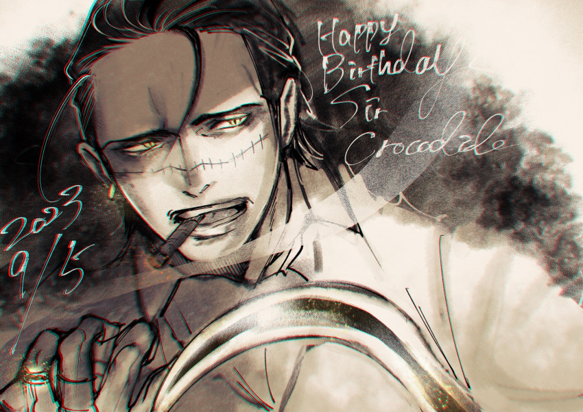 1boy ascot black_hair brown_theme cigar collared_shirt crocodile_(one_piece) glint hair_slicked_back happy_birthday highres hook_hand jewelry looking_ahead male_focus mature_male one_piece ring scar scar_on_face scar_on_nose shirt short_hair slit_pupils smoking solo spot_color stitches ukari upper_body yellow_eyes