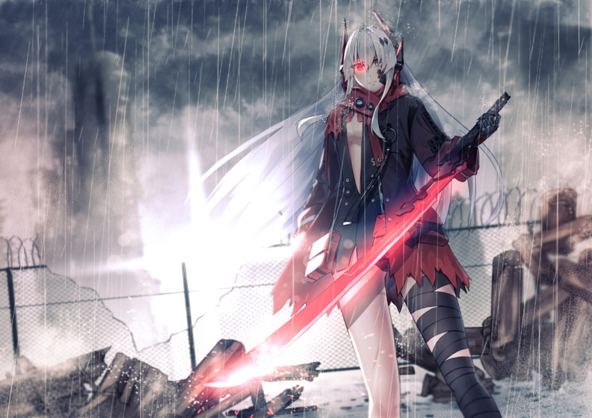 1girl alpha_(punishing:_gray_raven) bandaged_leg bandages black_bandages black_jacket chinese_commentary commentary glowing glowing_eyes glowing_sword glowing_weapon gradient_clothes gradient_jacket grey_eyes grey_hair hair_between_eyes hair_ornament headgear headphones heterochromia holding holding_sword holding_weapon jacket long_hair looking_at_viewer lucia:_crimson_abyss_(punishing:_gray_raven) mechanical_arms open_clothes open_jacket punishing:_gray_raven rain red_eyes red_jacket red_scarf scarf sidelocks solo sword tp6vul3vm06 very_long_hair weapon