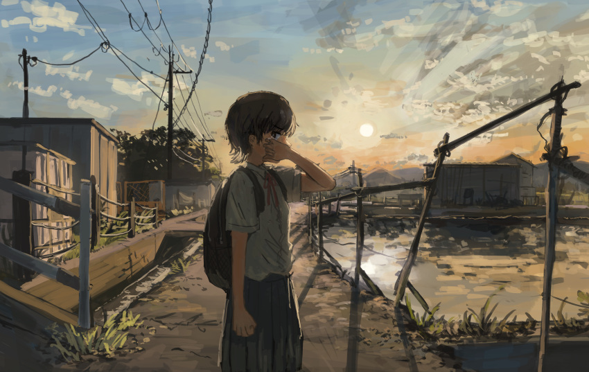 1girl absurdres anko1127 backlighting backpack bag blue_sky bright_pupils brown_hair clenched_hand clouds cloudy_sky commentary_request cowboy_shot dress_shirt evening fence from_side glaring gradient_sky hand_up highres looking_at_viewer looking_to_the_side mountainous_horizon neck_ribbon orange_sky original outdoors path pleated_skirt power_lines red_ribbon ribbon rice_paddy scenery school_uniform shack shirt shirt_tucked_in short_hair short_sleeves skirt sky solo sun tears town utility_pole v-shaped_eyebrows white_pupils wiping_tears