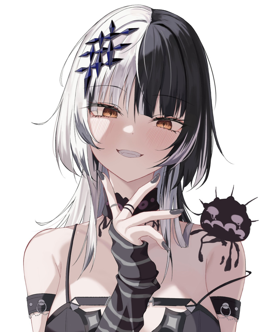 1girl arm_strap armlet bare_shoulders black_gloves black_hair black_nails blush choker cine9447 eyes_visible_through_hair gloves grin hair_ornament highres hololive hololive_english long_hair looking_at_viewer multicolored_hair nail_polish shiori_novella simple_background smile solo split-color_hair striped striped_gloves two-tone_hair upper_body vertical_stripes virtual_youtuber white_background white_hair yellow_eyes yorick_(shiori_novella)