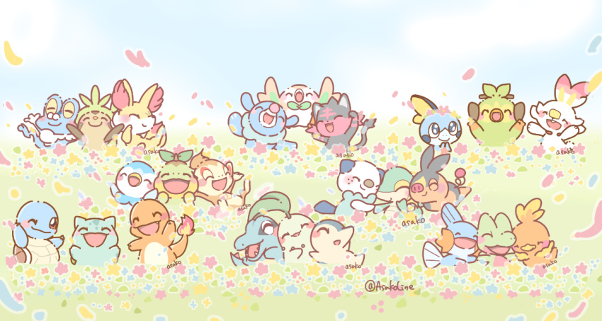 animal_ear_fluff arms_up artist_name asakoline blush_stickers brown_eyes bulbasaur charmander chespin chikorita chimchar closed_eyes closed_mouth cyndaquil fennekin field flame-tipped_tail flower flower_field froakie grookey happy head_wreath mudkip nostrils one_eye_closed open_mouth oshawott outdoors piplup pokemon pokemon_(creature) scorbunny sharp_teeth signature smile snivy sobble squirtle starter_pokemon_trio teeth tepig torchic totodile treecko turtwig twitter_username