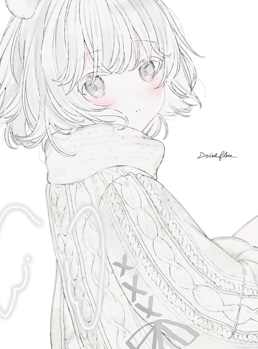 1girl animal_ears artist_name blush driedflower grey_eyes highres looking_at_viewer open_mouth original short_hair signature simple_background solo sweater upper_body white_background white_hair white_theme