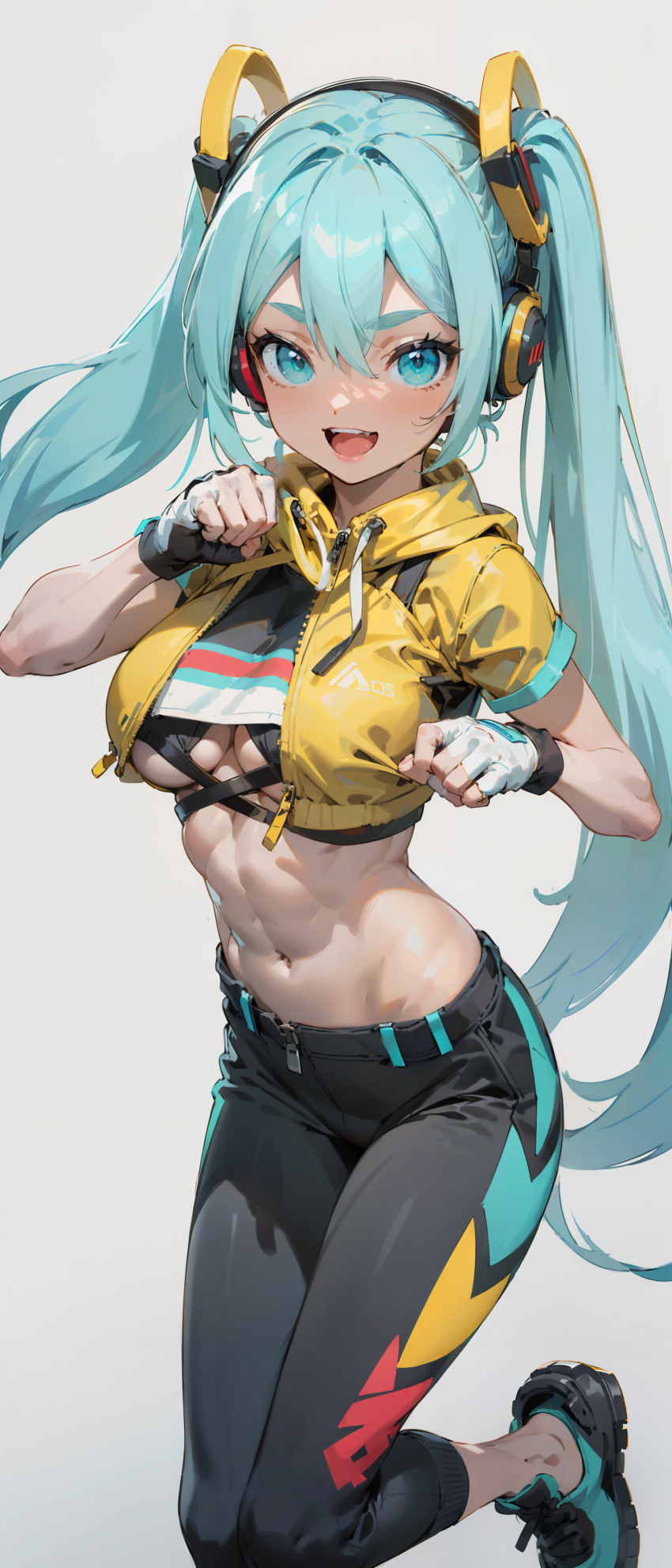 1girl absurdres ai-generated boxing breasts hatsune_miku highres navel non-web_source under_boob