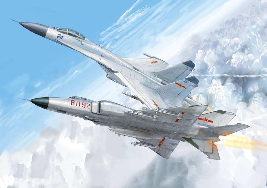 absurdres afterburner air-to-air_missile aircraft airplane centerline_fuel_tank clouds contrail fighter_jet highres j-11_plane j-8 jet military_vehicle mirroraptor missile people's_liberation_army people's_liberation_army_air_force pilot pl-9 r-77_adder red_star star_(symbol) vehicle_focus