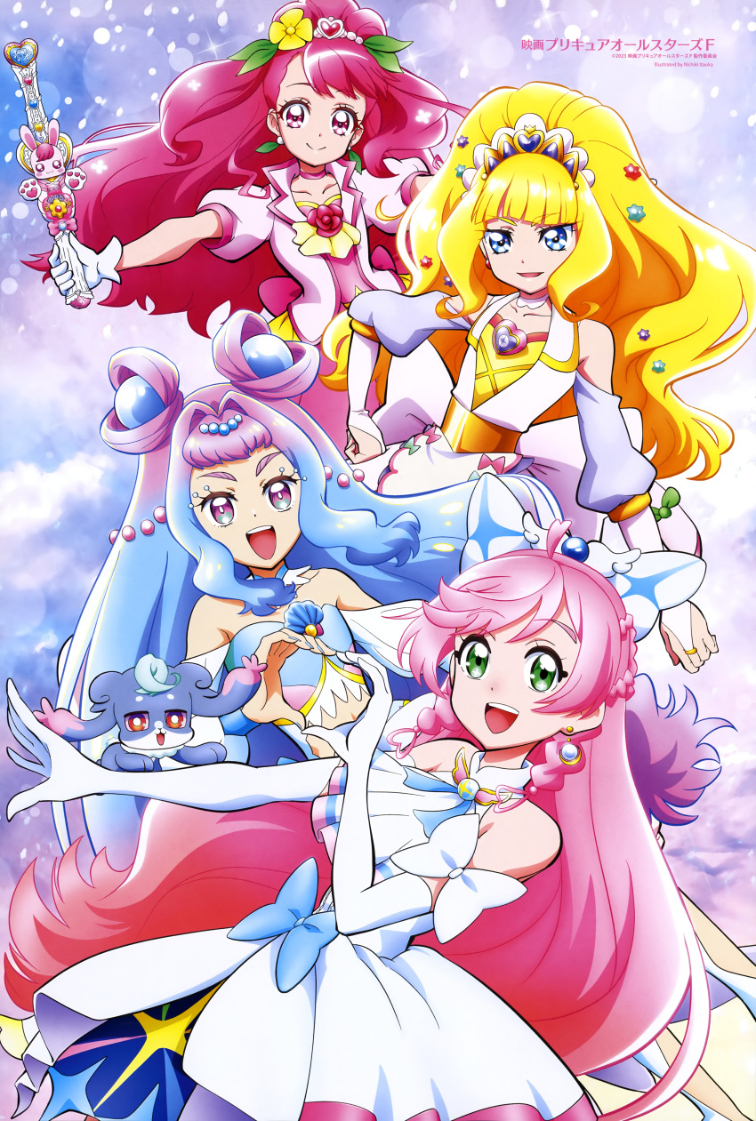 4girls :d absurdres blonde_hair blue_eyes blue_hair bow bridal_gauntlets character_request closed_mouth collarbone crop_top cure_finale cure_la_mer cure_prism delicious_party_precure dress elbow_gloves flower gloves gradient_hair green_eyes hair_bow hair_flower hair_intakes hair_ornament hanadera_nodoka healin'_good_precure heart heart_hair_ornament heart_hands heart_hands_duo highres hiramitsu_hinata hirogaru_sky!_precure holding kasai_amane laura_la_mer long_hair looking_at_viewer midriff multicolored_eyes multicolored_hair multiple_girls open_mouth pink_hair precure purple_hair rabirin_(precure) red_eyes redhead sleeveless sleeveless_dress smile stomach strapless tropical-rouge!_precure very_long_hair white_bow white_dress white_gloves yellow_flower
