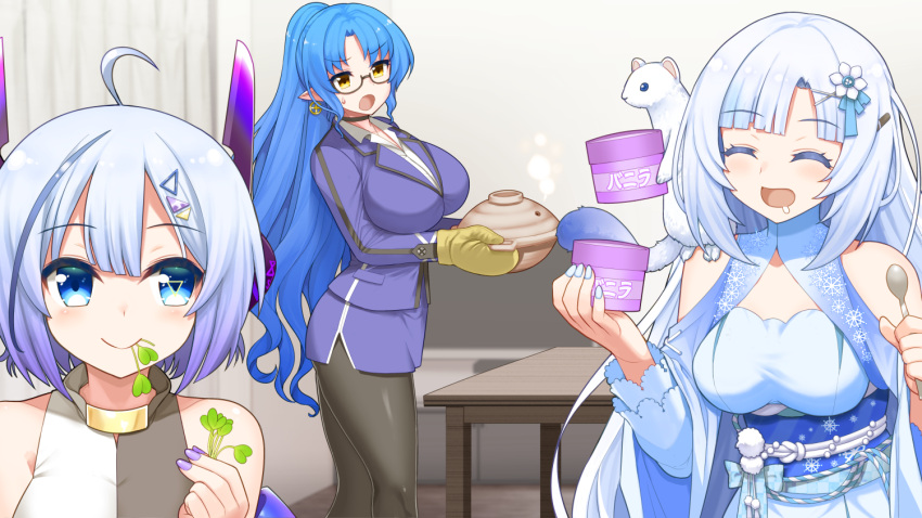 3girls ahoge animal_on_shoulder aqua_eyes bare_shoulders biting blue_hair eating ferret food glasses goki_(voicevox) holding_cooking_pot holding_spork ice_cream ice_cream_cup indoors long_hair looking_at_another mono_(moiky) multiple_girls no._7_(neutrino) open_mouth oven_mitts pointy_ears ponytail purple_nails short_hair smile triangle_hair_ornament voicevox whitecul