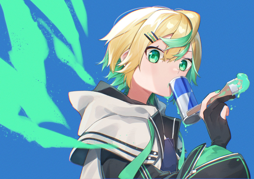 1girl black_gloves blonde_hair blue_background can energy_drink gloves green_eyes green_hair green_nails hair_ornament hairclip highres holding jacket looking_at_viewer mouth_hold nail_polish original paintbrush partially_fingerless_gloves sho_bu_1116 short_hair simple_background solo upper_body