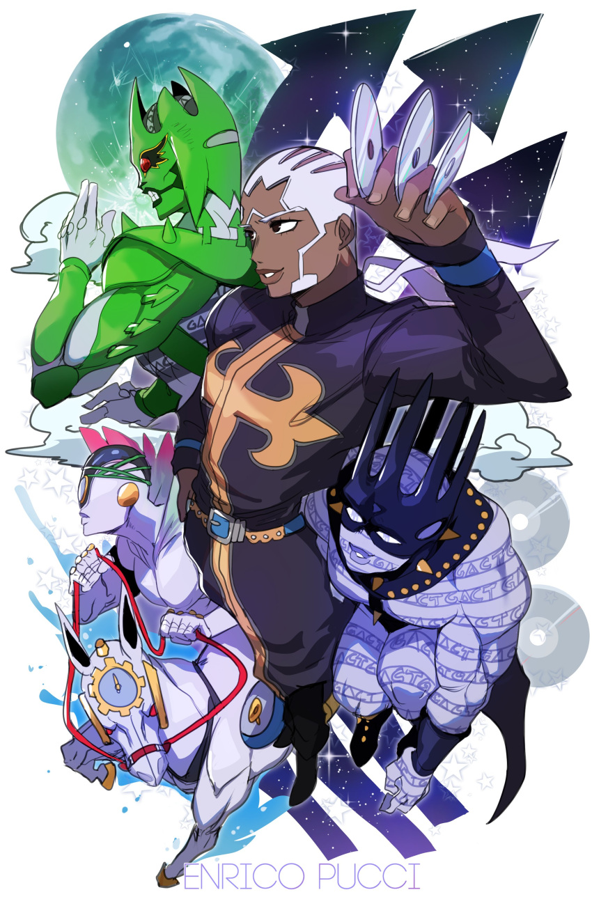 1boy absurdres belt black_footwear c-moon_(stand) cassock cd character_name clenched_teeth clouds colored_skin crown dark-skinned_male dark_skin enrico_pucci feather_collar feathers full_moon grin hand_up highres holding holding_cd holding_reins horse jojo_no_kimyou_na_bouken lightsource long_sleeves made_in_heaven_(stand) moon red_eyes reins sideburns smile spikes stand_(jojo) stone_ocean teeth white_hair whitesnake_(stand)