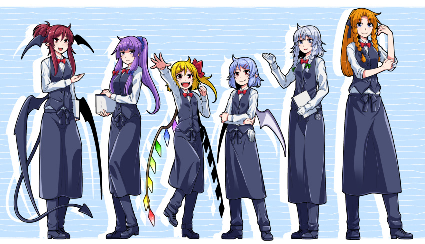 6+girls :d ahoge alternate_costume alternate_hairstyle apron arm_up bat_wings black_apron black_bow black_footwear black_pants black_vest blonde_hair blue_background blue_bow blue_eyes book boots bow bowtie braid breasts clenched_hand commentary_request crossed_arms crystal demon_tail demon_wings dot_nose drop_shadow eichi_yuu embodiment_of_scarlet_devil fang fang_out flandre_scarlet folded_ponytail full_body gloves gloves_removed green_bow grey_hair hair_between_eyes hair_bow hair_ornament hair_ribbon hairclip hand_up head_wings height_difference highres holding holding_menu hong_meiling izayoi_sakuya koakuma light_smile long_hair long_sleeves long_tail looking_at_viewer low_wings medium_breasts menu multiple_girls no_headwear open_mouth orange_hair pants pants_under_skirt patchouli_knowledge pocket_watch pointy_ears purple_hair red_bow red_bowtie red_eyes red_ribbon redhead remilia_scarlet ribbon shirt shoes short_hair side_ponytail sidelocks skirt skirt_set sleeves_rolled_up small_breasts smile standing striped striped_background tail touhou twin_braids vest violet_eyes waitress watch white_gloves white_shirt wings