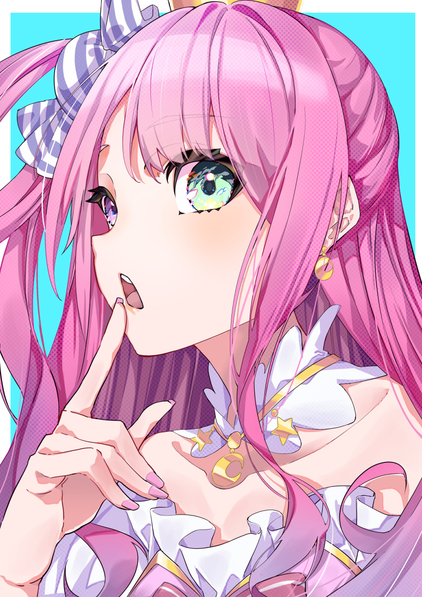 1girl absurdres blue_background border dress earrings finger_to_mouth frilled_dress frills gold_earrings green_eyes heterochromia highres himemori_luna himemori_luna_(1st_costume) hiyashinssu hololive jewelry long_hair looking_at_viewer nail_polish open_mouth pink_hair pink_nails sidelocks solo violet_eyes virtual_youtuber white_border white_dress
