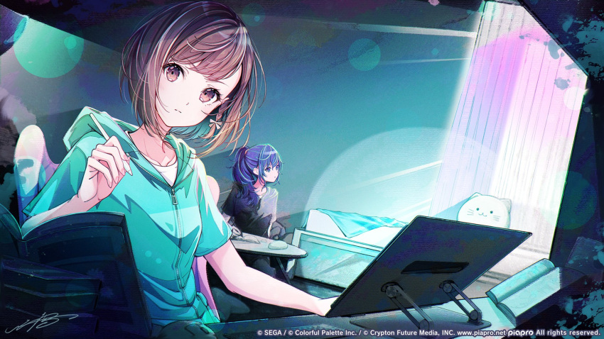 2girls aqua_hoodie bed black_hoodie blue_hair book brown_eyes brown_hair collarbone commentary copyright curtains highres holding holding_stylus hood hoodie kae610_oekaki lens_flare long_hair looking_at_viewer looking_to_the_side mouse_(computer) multiple_girls negai_wa_itsuka_asa_o_koete_(project_sekai) open_book parted_lips ponytail project_sekai shirt short_hair sidelocks signature splatter stuffed_toy stylus tablet_pc white_shirt