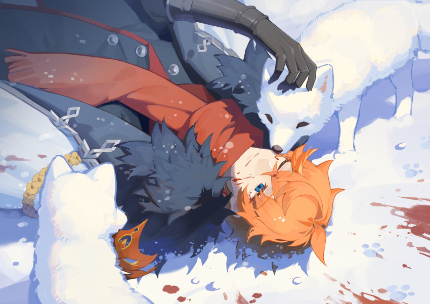 1109285578 1boy ahoge aiguillette black_gloves black_jacket blood blood_on_face blood_splatter blue_eyes buttons closed_mouth coat coat_on_shoulders commentary crossed_bangs english_commentary fox fur-trimmed_coat fur_trim genshin_impact gloves hair_between_eyes hand_up highres jacket lapels long_sleeves lying male_focus mask mask_removed on_back on_ground one_eye_closed orange_hair paw_print petting red_mask red_scarf scarf shadow short_hair smile snow solo tartaglia_(genshin_impact) white_coat