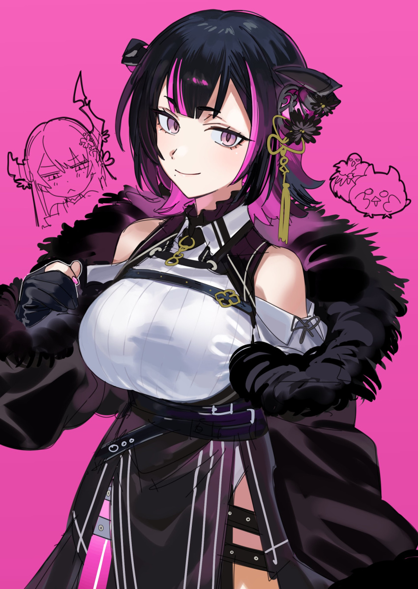 2girls :&lt; absurdres asymmetrical_horns black_coat black_dress black_gloves black_hair breast_envy breasts chest_strap coat colored_inner_hair cropped_legs demon_horns dress fur_trim gloves hair_ornament highres hololive hololive_english horns jailbird_(nerissa_ravencroft) large_breasts light_smile looking_at_viewer medium_breasts mole mole_under_mouth multicolored_hair multiple_girls nerissa_ravencroft nerissa_ravencroft's_sister partially_fingerless_gloves pelvic_curtain pink_background pink_eyes pink_hair pink_nails shadow_(nerissa_ravencroft) short_hair simple_background single_thighhigh slit_pupils smile solo_focus tassel tassel_hair_ornament thigh-highs thigh_strap two-tone_hair uneven_horns virtual_youtuber waist_cape yomosaka