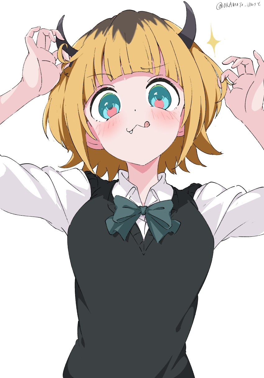 1girl :3 :q absurdres aqua_bow aqua_bowtie aqua_eyes black_sweater_vest blonde_hair blue_eyes blunt_bangs blush bow bowtie brown_hair closed_mouth collared_shirt demon_horns fake_horns fang hair_twirling hands_up highres horns long_sleeves looking_at_viewer memcho multicolored_hair oshi_no_ko raised_eyebrow shirt short_hair simple_background smile solo sweater_vest tongue tongue_out twitter_username upper_body white_background white_gorilla_(okamoto) white_shirt