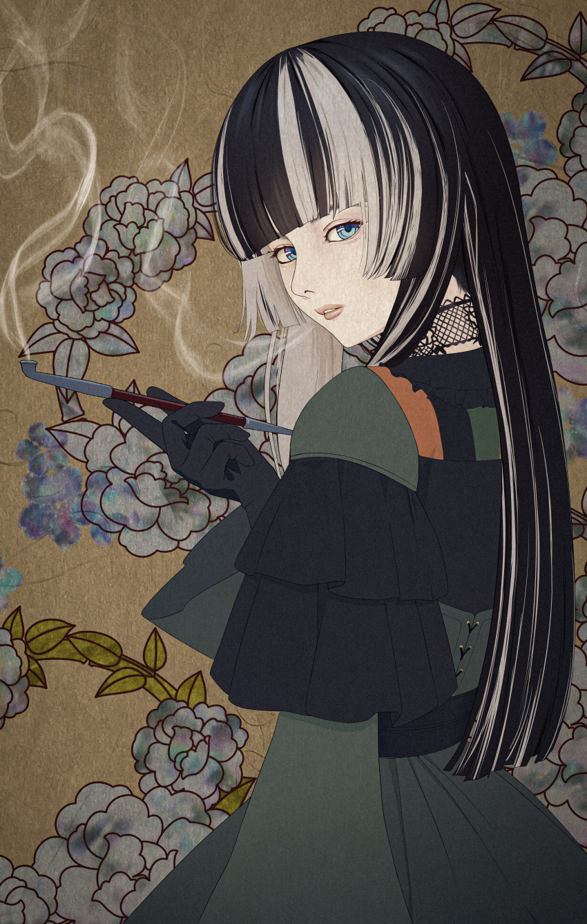 1girl absurdres asakura_(asa_t77) black_gloves black_hair blue_eyes blunt_bangs choker commentary_request dress floral_background from_side gloves green_dress grey_hair highres holding holding_smoking_pipe hololive juufuutei_raden kiseru lace lace_choker long_hair long_sleeves looking_at_viewer multicolored_hair nihonga parted_lips smoke smoking smoking_pipe solo teeth turning_head two-tone_hair upper_body virtual_youtuber wide_sleeves