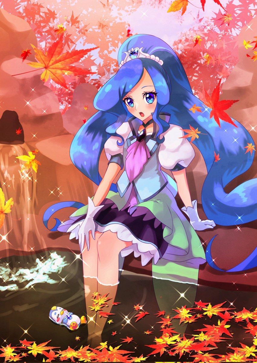 1girl afloat autumn_leaves bird blue_choker blue_eyes blue_hair blue_skirt blue_vest blush choker cure_fontaine earrings gloves hair_ornament healin'_good_precure healing_animal heart heart_hair_ornament highres jewelry long_hair looking_at_viewer magical_girl omega_takai onsen open_mouth outdoors partially_submerged pegitan_(precure) penguin precure puffy_sleeves sawaizumi_chiyu short_sleeves skirt smile soaking_feet split_ponytail very_long_hair vest water white_gloves