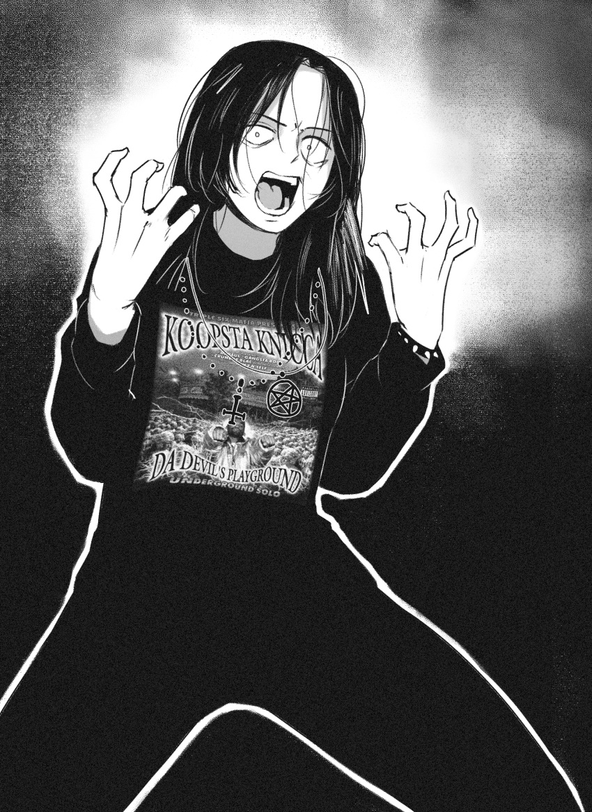 1girl band_shirt bracelet da_devil's_playground english_text greyscale highres jewelry koopsta_knicca looking_at_viewer merchandise monochrome open_hands open_mouth original pants pentagram real_life sweatpants three_6_mafia wide-eyed yblndr
