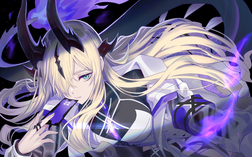 1girl aqua_eyes arknights blonde_hair breasts card closed_mouth dragon_girl dragon_horns dragon_tail dress eblana_(arknights) fiery_tail fire flame-tipped_tail hair_over_one_eye highres holding holding_card horns imone_illust jewelry long_hair looking_at_viewer medium_breasts purple_fire ring solo tail thigh-highs very_long_hair white_dress
