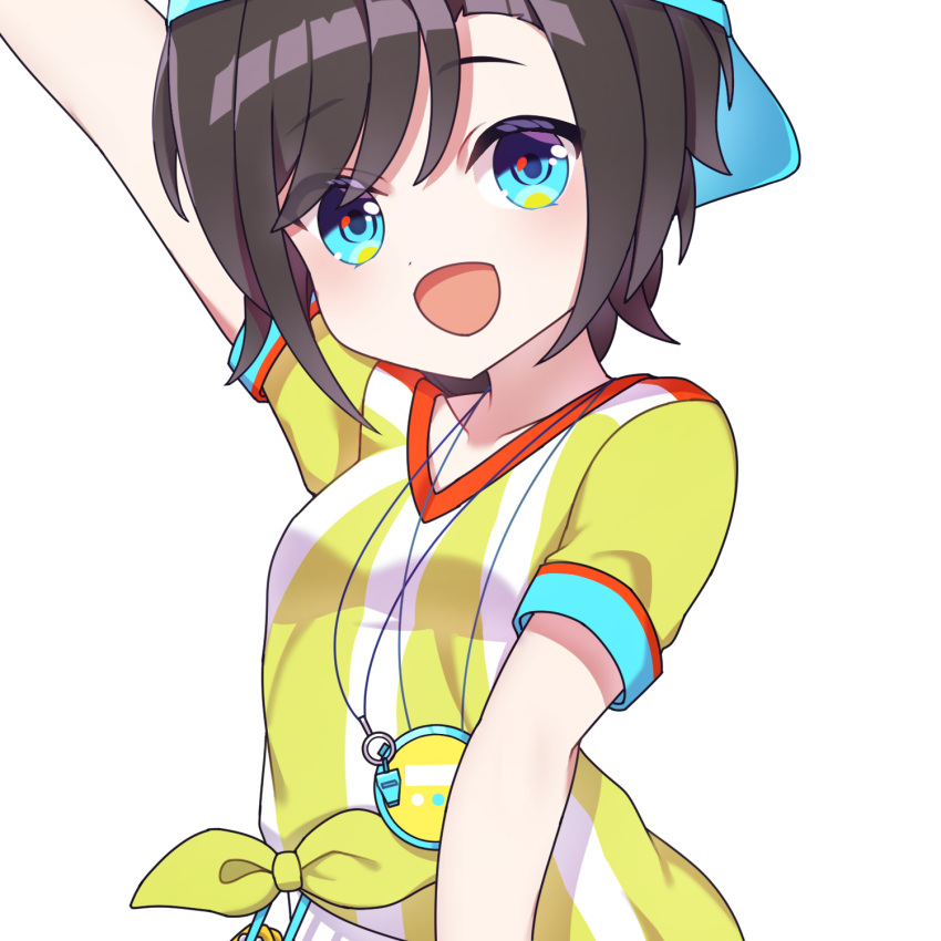 1girl arm_up blue_eyes brown_hair cross_(vgne4542) hat highres hololive looking_at_viewer oozora_subaru oozora_subaru_(1st_costume) open_mouth shirt short_hair smile solo stopwatch stopwatch_around_neck striped striped_shirt vertical-striped_shirt vertical_stripes virtual_youtuber yellow_shirt