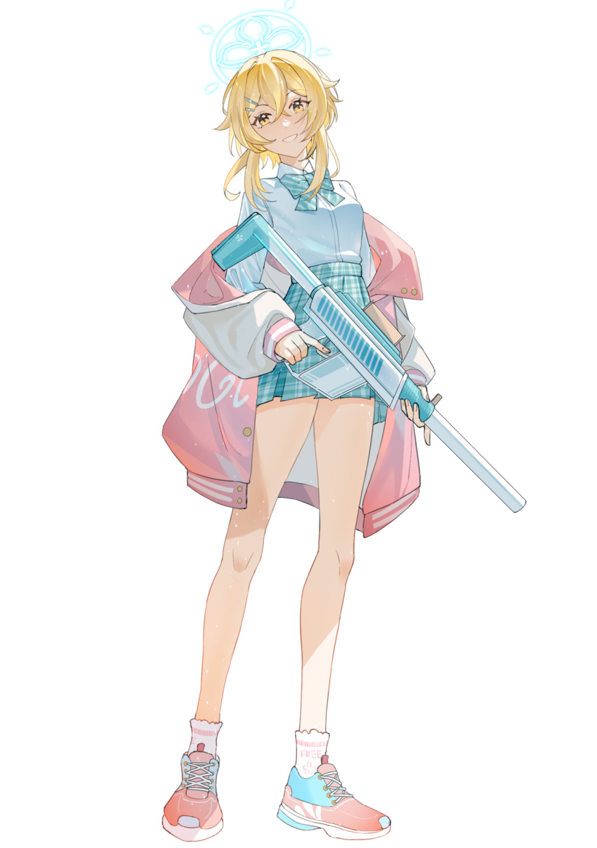 1girl blonde_hair blue_halo bomber_jacket bow bowtie clenched_teeth clothes_down collared_shirt crossed_bangs full_body genshin_impact green_skirt gun hair_between_eyes halo highres holding holding_gun holding_weapon jacket looking_at_viewer lumine_(genshin_impact) multiple_hairpins off_shoulder open_clothes open_jacket open_mouth pink_jacket plaid plaid_skirt red_footwear shirt short_hair_with_long_locks sidelocks simple_background skirt socks solo standing teeth weapon white_background white_shirt white_socks yaner_10 yellow_eyes