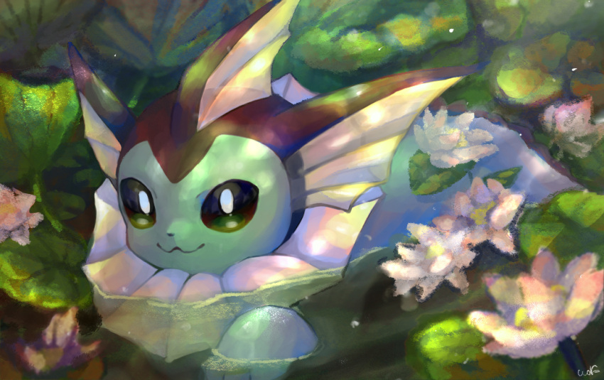 :3 animal_focus black_eyes bright_pupils fins flower head_fins light_particles lily_pad no_humans outdoors partially_submerged pink_flower pokemon pokemon_(creature) smile solo swimming urufin_(wolf_v3ewc) vaporeon water white_pupils