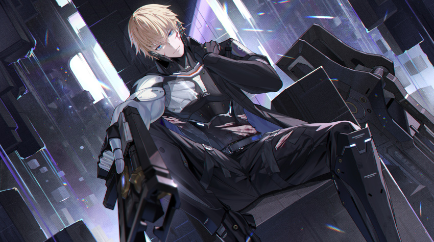 1boy absurdres barcode belt blonde_hair blood blood_on_face blood_on_leg blue_eyes cc_xiaotintin chinese_commentary commentary cuts cyborg dutch_angle gun hair_between_eyes hand_on_own_shoulder handgun highres holding holding_gun holding_weapon injury lee:_hyperreal_(punishing:_gray_raven) lee_(punishing:_gray_raven) looking_at_viewer male_focus mechanical_arms mechanical_legs mechanical_parts punishing:_gray_raven short_hair sitting solo toned toned_male torn_clothes transparent weapon