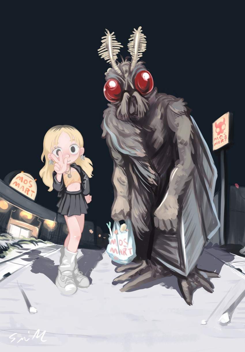 1girl absurdres antennae black_skirt blonde_hair character_request copyright_request earrings english_text full_body highres jacket jewelry lalah_7th looking_at_viewer miniskirt monster mothman necklace night open_clothes open_jacket original outdoors red_eyes skirt star_(symbol) star_earrings v wings
