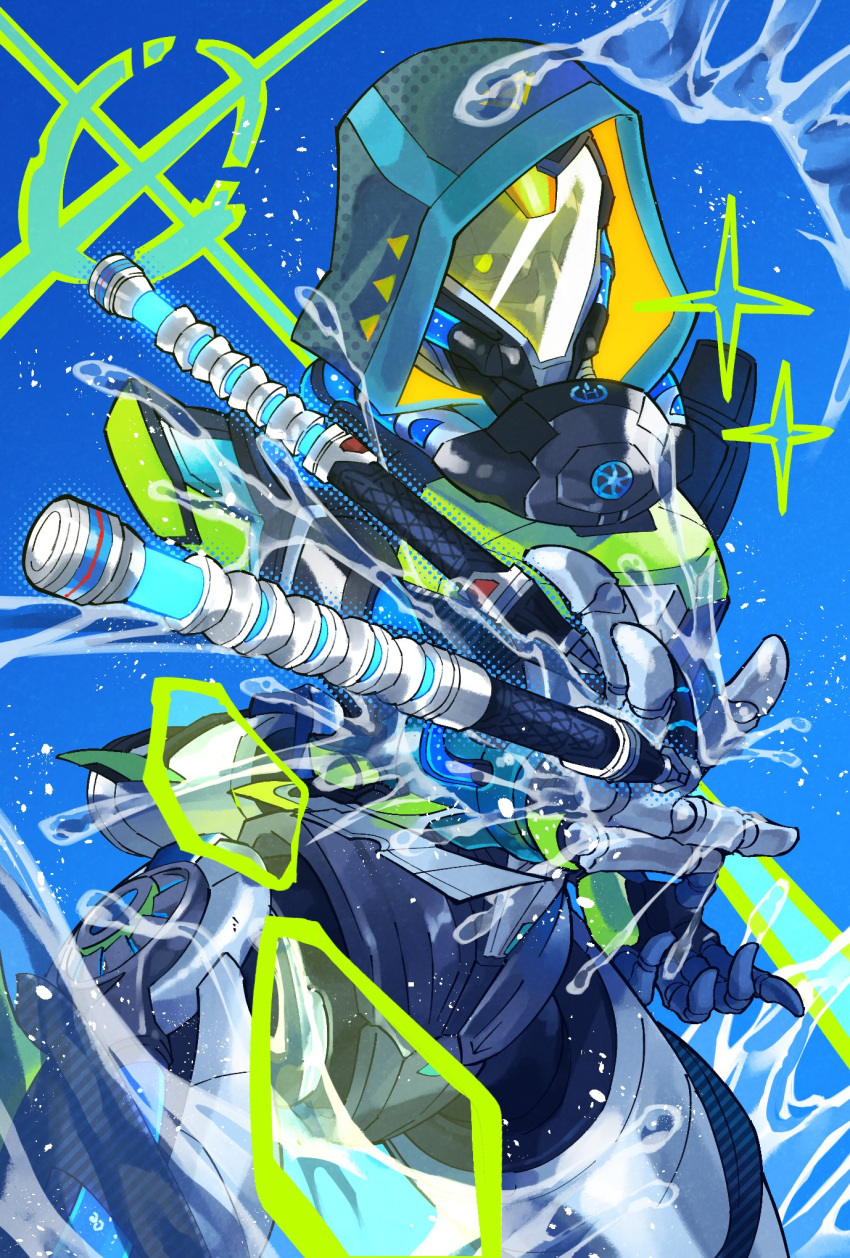 1girl apex_legends ash_(titanfall_2) blue_background bmori breasts cowboy_shot highres holding holding_weapon hood hood_up humanoid_robot looking_at_viewer medium_breasts nunchaku official_alternate_costume pierless_ash robot science_fiction simulacrum_(titanfall) solo sparkle strongest_link_(apex_legends) water weapon yellow_eyes