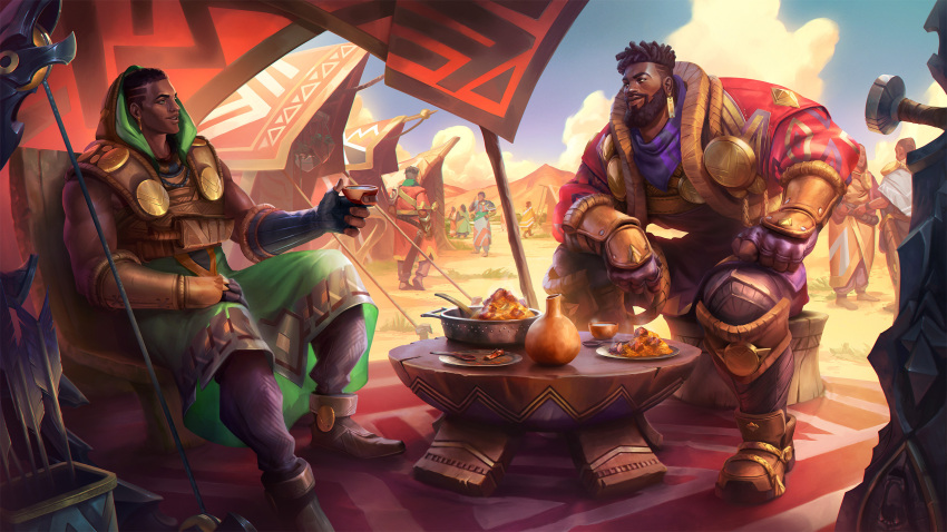 2boys absurdres beard black_hair brown_eyes character_request clouds cloudy_sky dark-skinned_male dark_skin desert dreadlocks earrings egyptian egyptian_clothes eye_contact facial_hair food full_body gold hair_tattoo highres jewelry k'sante_(league_of_legends) league_of_legends looking_at_another male_focus mature_male multiple_boys muscular muscular_male official_art pharaoh short_hair sitting sky smile table tent thick_eyebrows tonysaurus usekh_collar