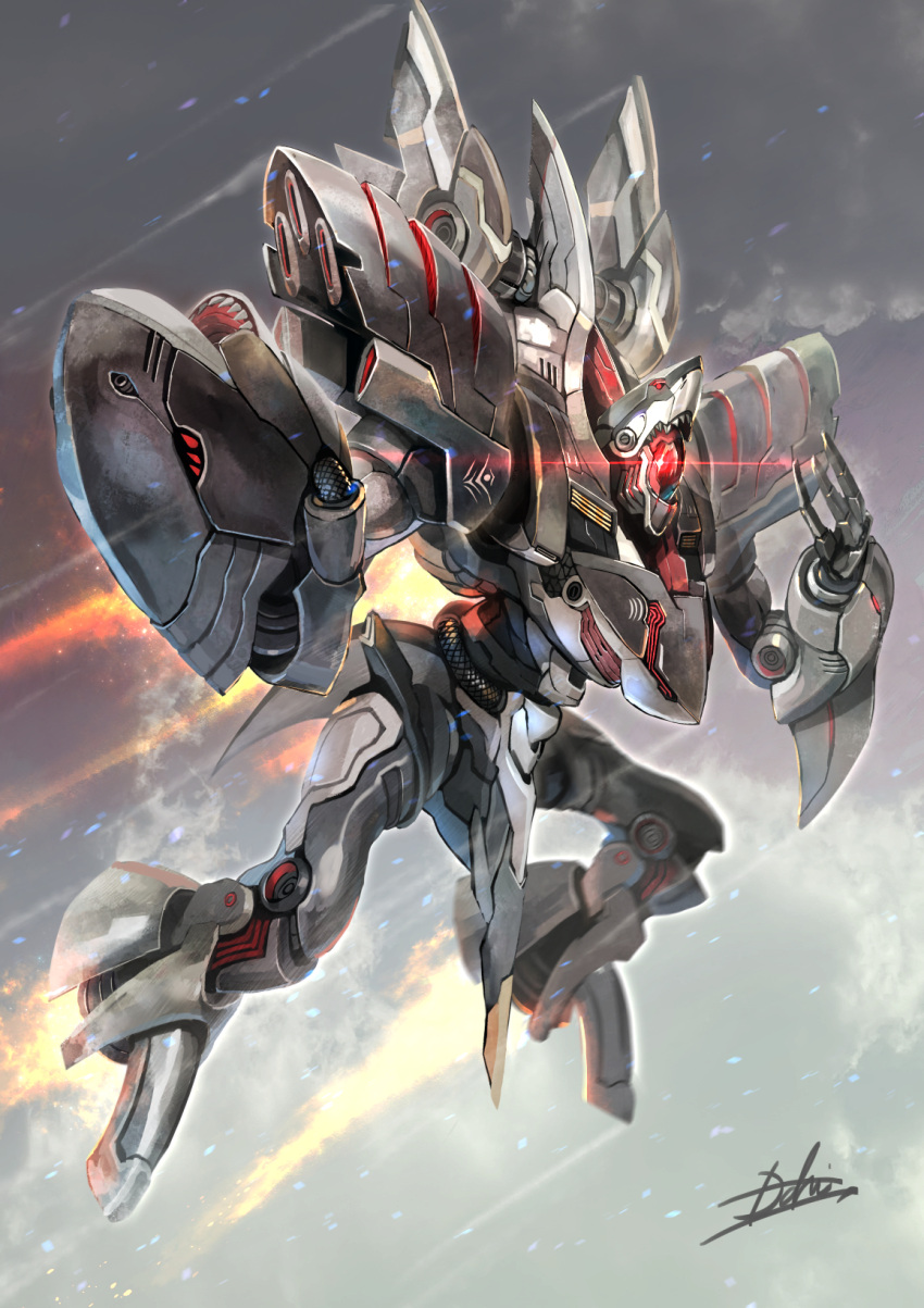 arm_cannon eye_trail fire from_side glowing glowing_eye highres hukutuuprunes light_particles light_trail mecha mecha_focus no_humans one-eyed open_hand original red_eyes robot science_fiction signature thrusters weapon