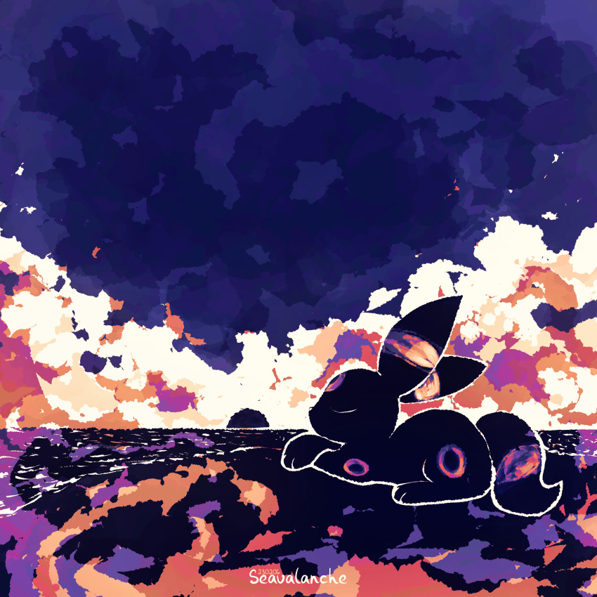 absurdres animal_focus artist_name black_fur blue_sky commentary dated english_commentary highres jaggy_lines limited_palette no_humans outdoors outline pokemon pokemon_(creature) seavalanche sky sleeping umbreon white_outline