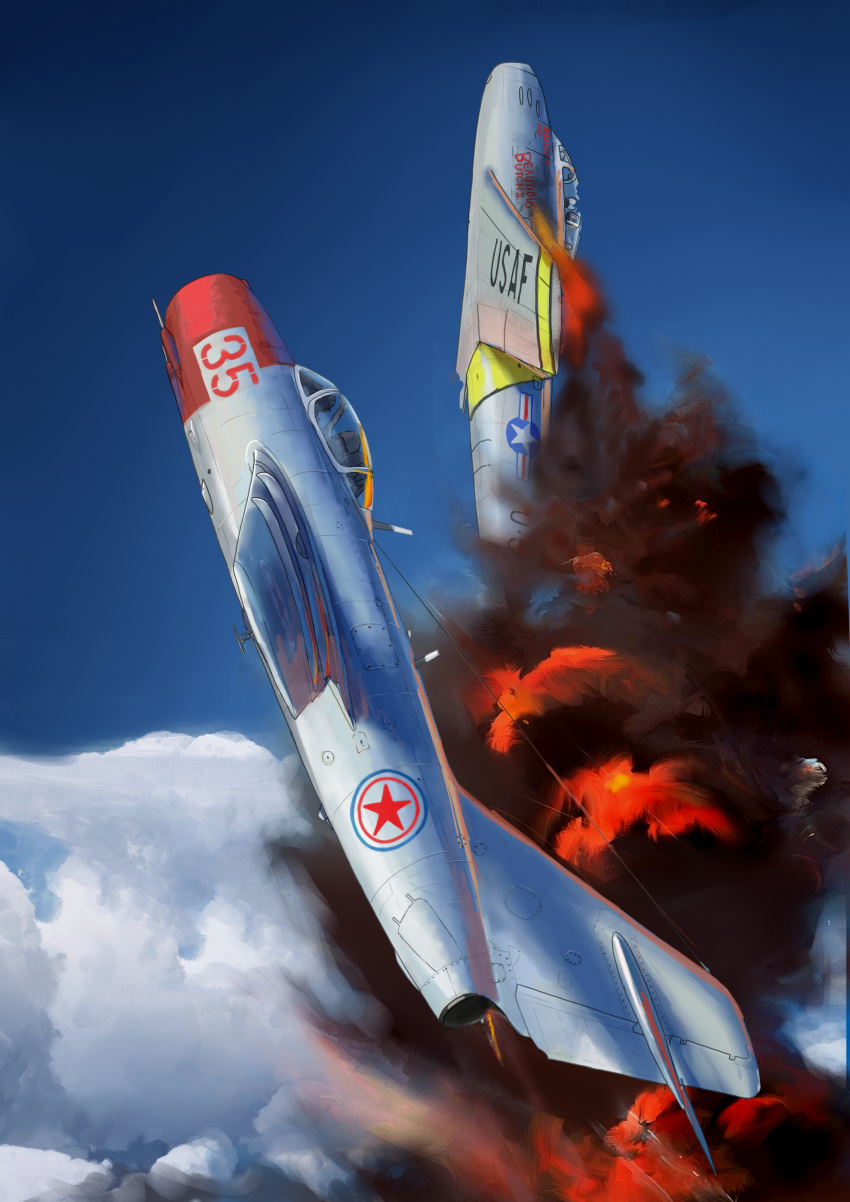 absurdres aerial_battle aircraft airplane battle blue_sky clouds dogfight f-86_sabre fighter_jet fire highres jet korean_war mig-15 military_vehicle mirroraptor original sky united_states_air_force vehicle_focus