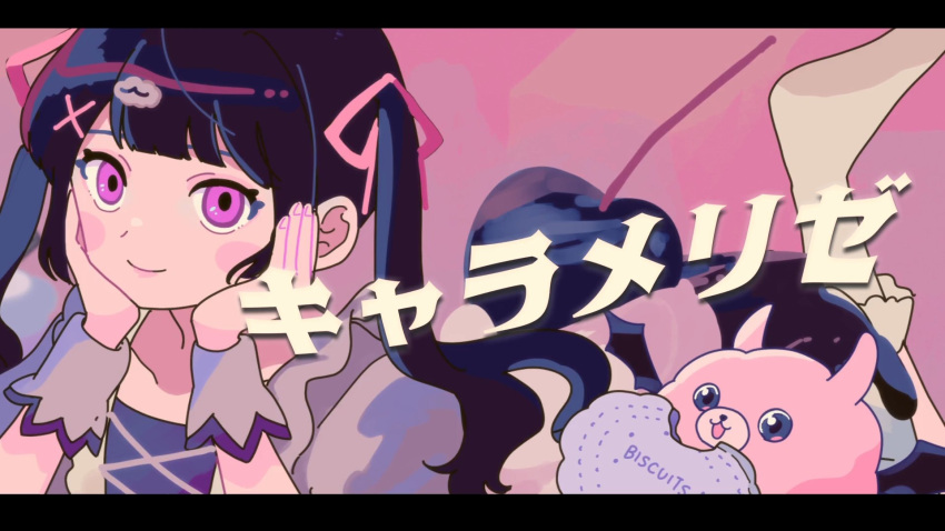 1girl aoyama_wasabi black_hair blunt_bangs blush cevio cherry closed_mouth commentary_request denonbu dress food fruit hair_ornament hair_ribbon hands_on_own_cheeks hands_on_own_face head_rest highres letterboxed long_hair looking_at_viewer lying on_stomach open_mouth pink_background pink_eyes pink_ribbon pomemori reml ribbon second-party_source smile socks solo song_name translation_request twintails wrist_cuffs x_hair_ornament