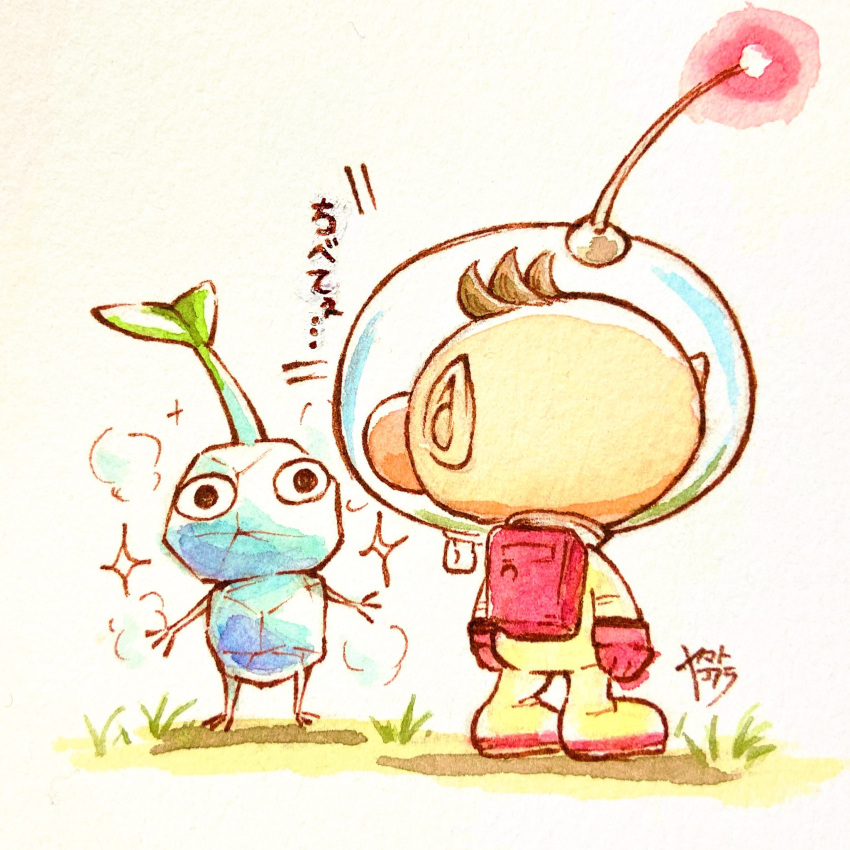 1boy alien backpack bag big_nose black_eyes blue_skirt brown_hair cold commentary_request from_behind gloves grass helmet highres ice ice_pikmin leaf looking_at_another no_mouth olimar pikmin_(creature) pikmin_(series) pikmin_4 pointy_ears radio_antenna red_bag red_gloves red_light shadow short_hair signature skirt space_helmet spacesuit sparkle traditional_media translation_request very_short_hair watercolor_pencil_(medium) whistle yamato_koara