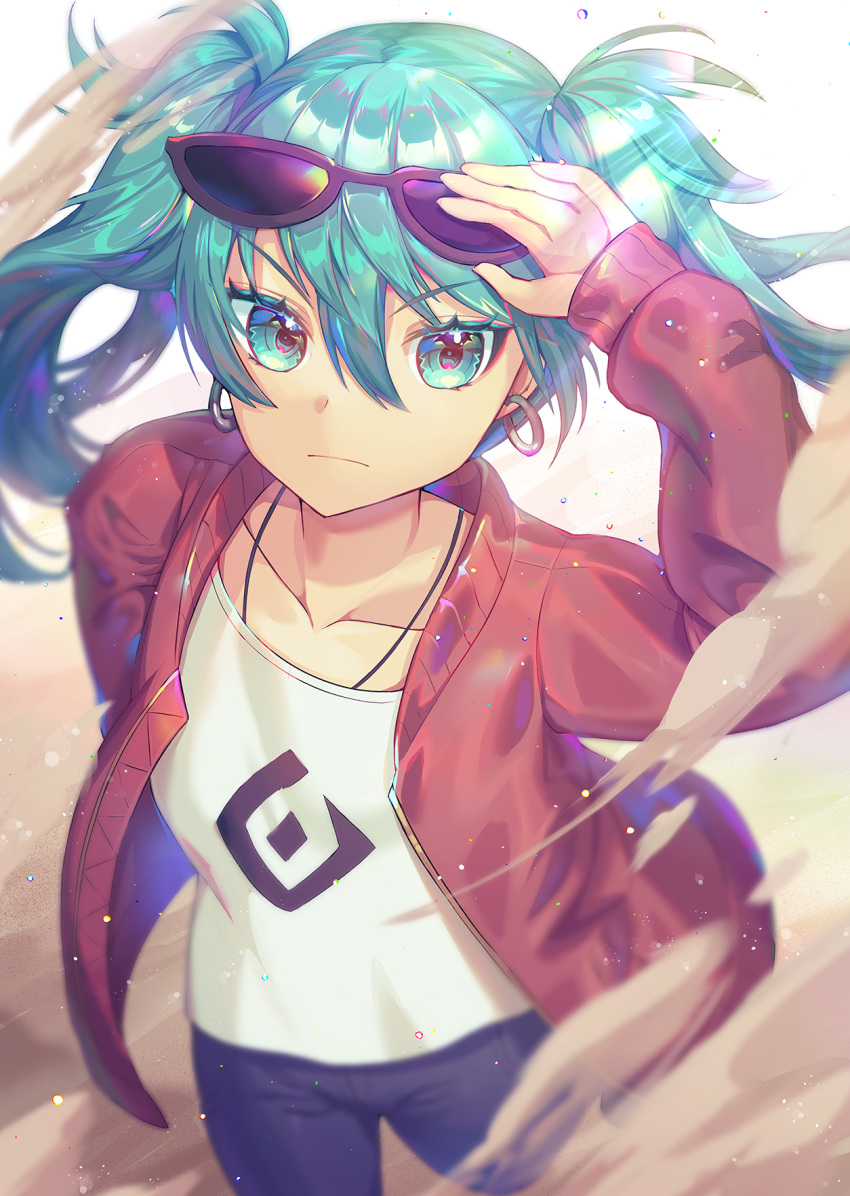 1girl aqua_eyes aqua_hair black_pants closed_mouth collarbone earrings eyewear_on_head floating_hair frown hair_between_eyes hatsune_miku highres jacket jewelry long_hair long_sleeves looking_at_viewer open_clothes open_jacket pants print_shirt raymond_busujima red_jacket shirt solo standing suna_no_wakusei_(vocaloid) sunglasses twintails vocaloid white_shirt