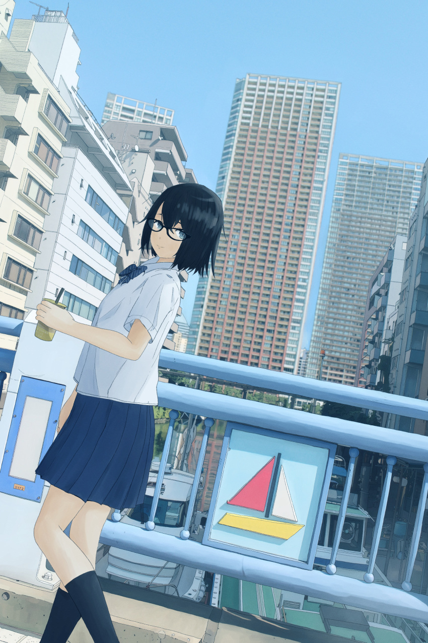 1girl absurdres black_hair blue_eyes blue_skirt blue_sky bow building city collared_shirt cup day drinking_straw glasses highres holding holding_cup kneehighs looking_at_viewer original outdoors photo-referenced pleated_skirt railing real_world_location shirt short_hair skirt sky socks solo unagi189 white_shirt