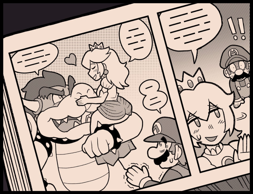 ! !! 1girl 2boys :d ayyk92 blush bowser crown dress facial_hair gloves greyscale hat heart looking_at_another manga_(object) mario monochrome multiple_boys mustache princess_peach puffy_short_sleeves puffy_sleeves short_sleeves smile super_mario_bros.