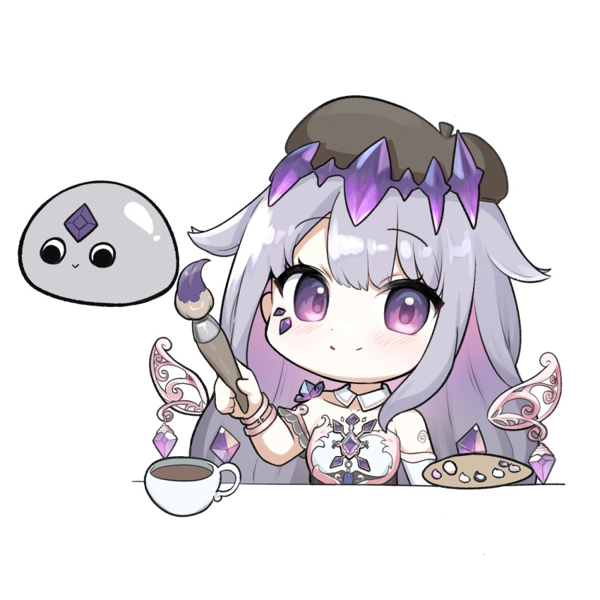 1girl chibi coffee_cup cup detached_collar disposable_cup dress grey_hair highres holding holding_paintbrush hololive hololive_english koseki_bijou paintbrush palette_(object) pebble_(koseki_bijou) smile snowmya strapless strapless_dress violet_eyes virtual_youtuber white_background