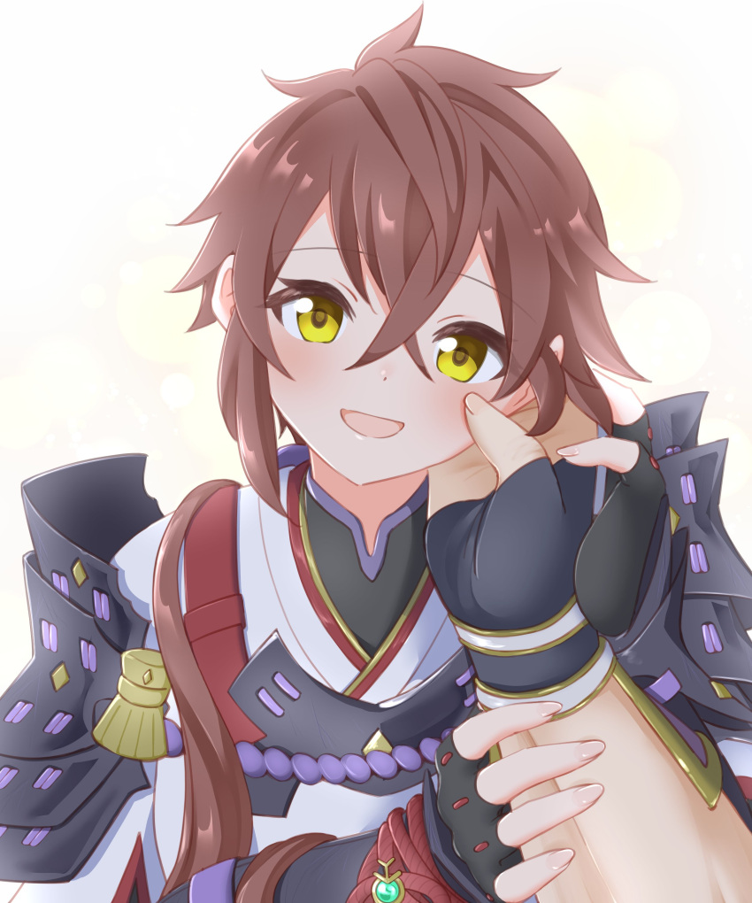 1girl 1other :d absurdres armor black_gloves blush brown_hair commentary_request fingerless_gloves gloves hair_between_eyes hand_on_another's_cheek hand_on_another's_face highres ikonaska japanese_clothes kimono looking_at_viewer lora_(xenoblade) pauldrons shoulder_armor smile solo_focus upper_body white_kimono xenoblade_chronicles_(series) xenoblade_chronicles_2 xenoblade_chronicles_2:_torna_-_the_golden_country yellow_eyes