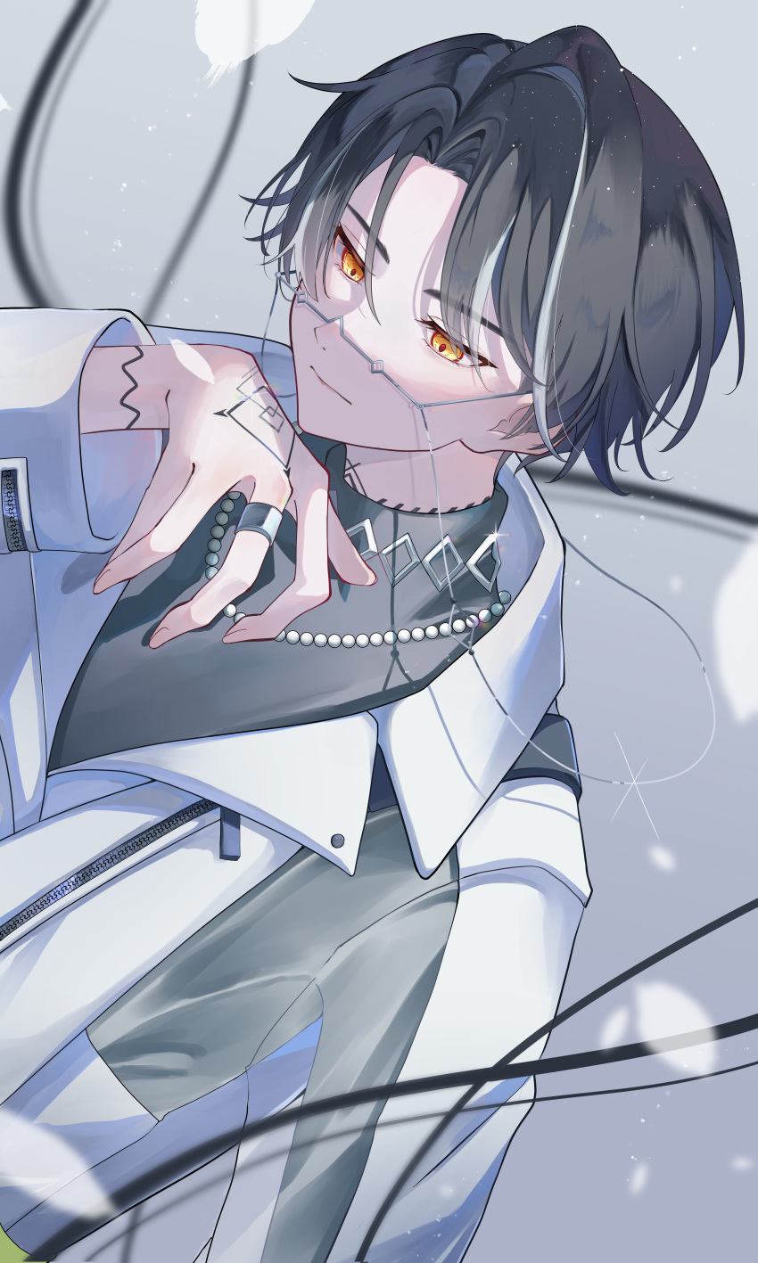 1boy absurdres black_hair earrings facing_to_the_side glasses grey_hair grey_shirt hand_tattoo highres itsuki_(paradox_live) jacket jewelry looking_down male_focus miya_(38magical) multicolored_hair orange_eyes paradox_live phantometal_(paradox_live) shirt short_hair solo tattoo turtleneck white_jacket