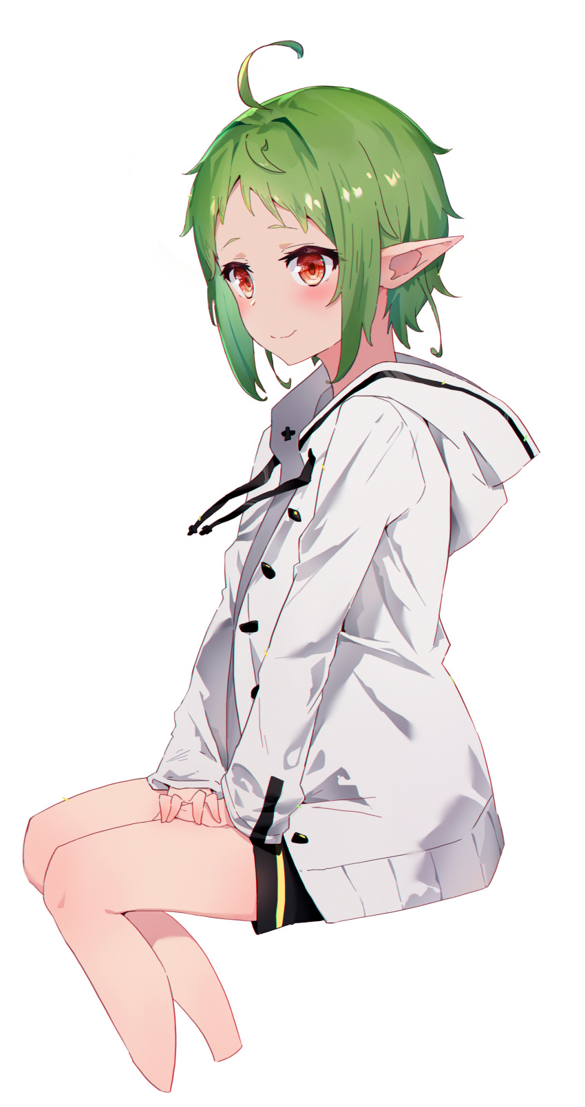 1girl absurdres ahoge black_shorts closed_mouth elf green_hair highres hood hooded_jacket invisible_chair jacket mushi_(1756559585) mushoku_tensei pointy_ears red_eyes shorts simple_background sitting smile solo sylphiette_(mushoku_tensei) white_background white_jacket