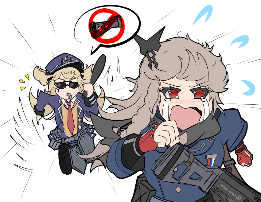 2girls absurdres atf award_ribbon baton_(weapon) belt_pouch blazer blonde_hair blowing_whistle blue_headwear blue_jacket blue_skirt blush brown_sweater_vest chasing clenched_hands commentary crying dsx english_commentary fingerless_gloves flying_sweatdrops girls_frontline gloves grey_scarf gun gun_sling hair_ornament hand_up hat highres holding holding_weapon jacket light_brown_hair long_hair long_sleeves meme miniskirt multiple_girls necktie no_pupils nose_blush notice_lines open_mouth peaked_cap pleated_skirt police police_uniform policewoman pouch red_eyes red_gloves red_necktie running scarf shoulder_stock simple_background single_horizontal_stripe sketch skirt sp9_(girls'_frontline) speed_lines spoken_no_symbol spoken_object streaming_tears stribog_sp9 sunglasses super-shorty_(girls'_frontline) sweater_vest tears two_side_up uniform v-shaped_eyebrows wavy_mouth weapon whistle white_background